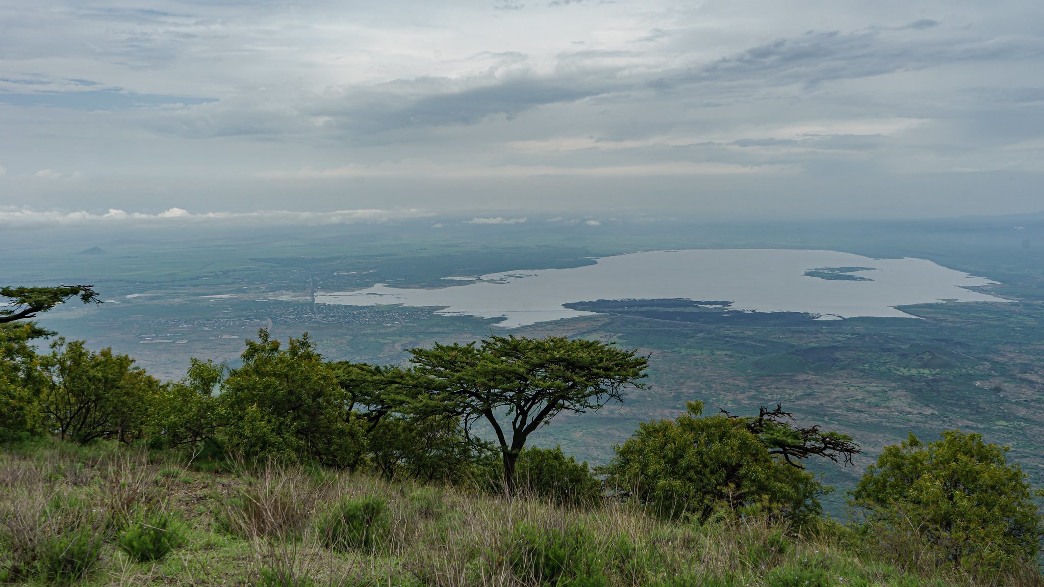 A very large lake viewed from the side of a mountain. There is a settlement at one end of the lake. Low-lying green trees and grasses are in the foreground.